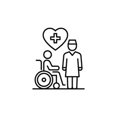 Healthcare professional assisting patient in wheelchair with heart symbol