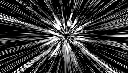 Abstract black and white image with radial streaks emanating from a central burst