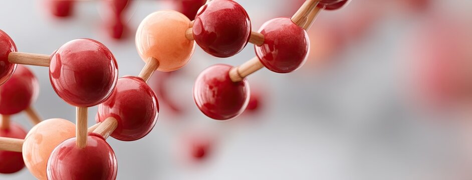 Close-up view of molecular structure highlighting red and orange spheres connected by rods, showcasing the complexity of atomic arrangements in chemistry - Powered by Adobe