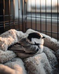 
Small bird resting inside a rescue cage with soft bedding, gentle natural light, safe environment vibe
