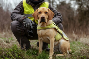 Labrador retriever dog in vest sitting beside handler in outdoor field  