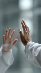 Two hands reaching out to each other behind a glass window  