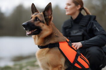 Woman sitting by water with German Shepherd wearing orange harness  