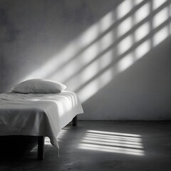 Minimalist bedroom with bed and sunlight casting shadows on wall  