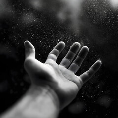 Outstretched hand reaching towards particles in dark background  