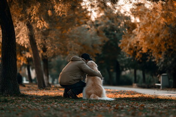 Man embracing golden retriever dog in autumn park setting  