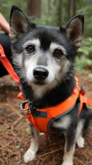 Rescue dog in vest with harness, while sitting in forest environment  
