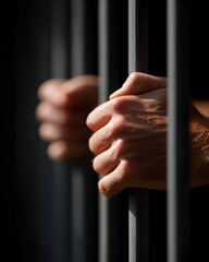 Hands gripping prison bars in a dimly lit environment  