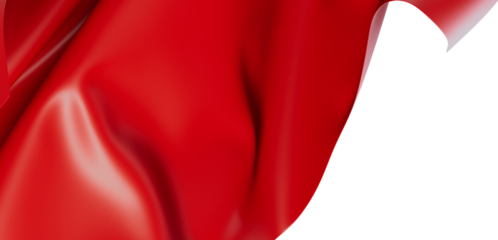 A close-up of a glossy red fabric draped and folded against a white background. The textures and highlights create a dynamic and visually appeal