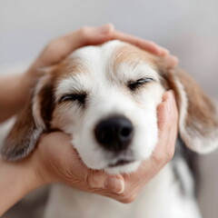 Dog being gently held and petted by a person with closed eyes  