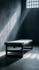 Empty prison cell with a bed under dim light from the window  