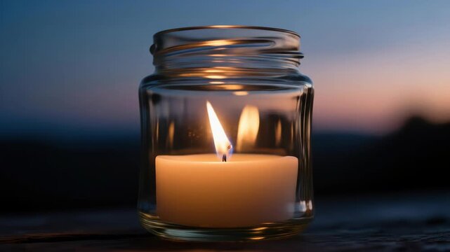Candle burns in glass jar against twilight sky