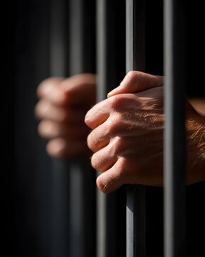Hands gripping prison bars in a dimly lit environment  