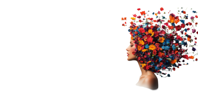 Female head with floral hair on transparent background