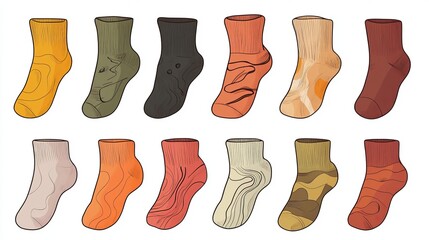 Flat sketch template of mid-calf socks, unisex fashion CAD drawing.