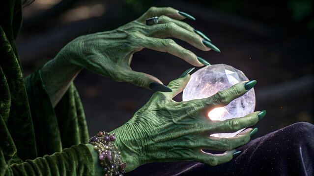 Set of gnarled green witch hands with long sharp nails reaching out and holding a magical crystal