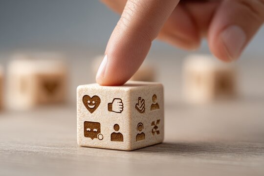 A hand places a finger on a social media icon die. Other dice are slightly blurred