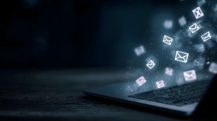 Digital communication concept with glowing email icons flowing from a laptop representing online messaging and data exchange
