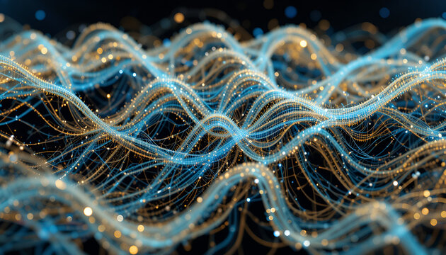 Dynamic flowing lines with vibrant glowing particles, perfect for modern technology and innovative designs, showcasing futuristic networks and data streams