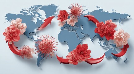 Global map with disease icons and arrows depicting spread