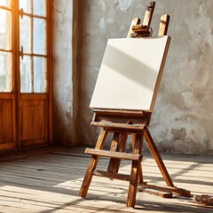 Wooden Easel with Blank Canvas in Warm Rustic Tones Leaning by Sunlit Window