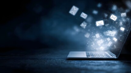A laptop screen emits a glowing light from which digital email icons ascend into a dark atmospheric background