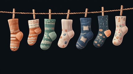 Vector set of socks drying on a clothesline, isolated illustration.