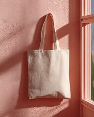 Soft Pastel Tote Bag Mockup on Flat Wall with Gentle Shadows and Natural Light