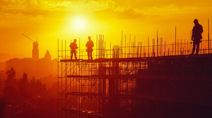 Construction workers on high-rise structure in Santiago during sunset