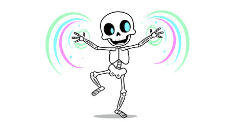 Halloween dancing skeleton with magical energy, funny spooky vector illustration on white background