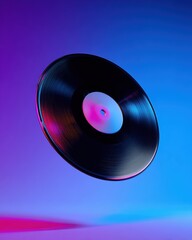 Floating Vinyl Record on Gradient Background of Purple and Blue Colors with Creative Mockup Design
