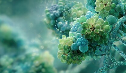 Artistic rendering of cellular structures with a DNA double helix in a soft, ethereal environment