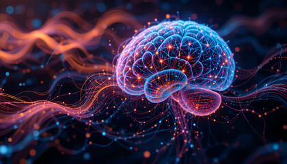 Futuristic glowing brain illustration for innovative healthcare solutions and modern technology, showcasing neural networks and digital mind concepts