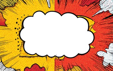 Comic book style split background with explosion effects around a central blank speech bubble
