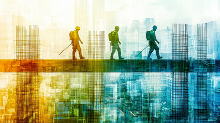 Construction workers walking on a beam high above the city skyline