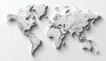 A shaded, 3D-rendered, top-down view of Earth's continents and borders in grayscale