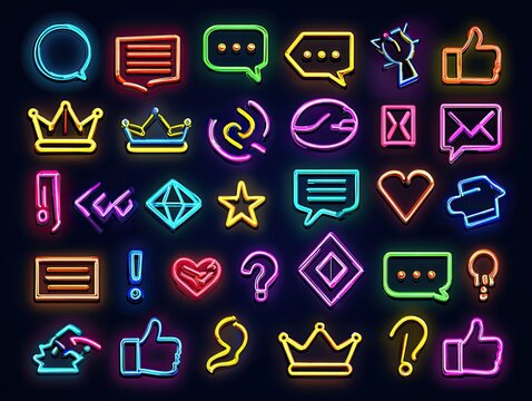 Colorful neon-style icons of various shapes, speech bubbles, and symbols on a dark background