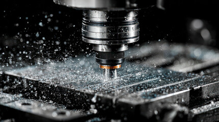 High-speed CNC milling machine cutting metal with coolant spray
