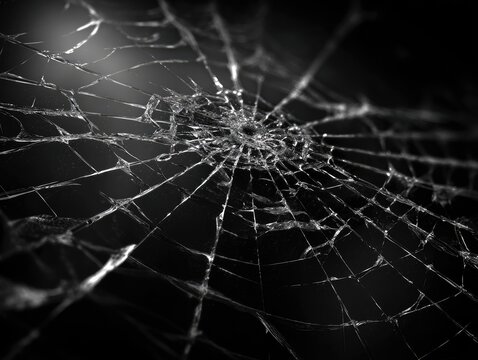 Close-up of shattered glass, radiating cracks against a blurred, dark background