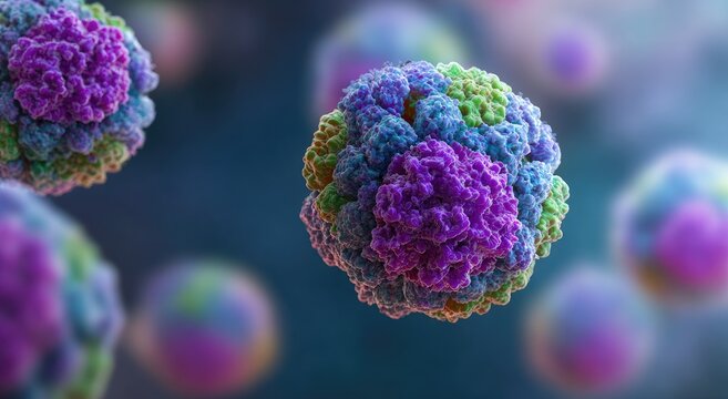 Digital rendering of microscopic, spherical structures exhibiting varied color and textured surfaces