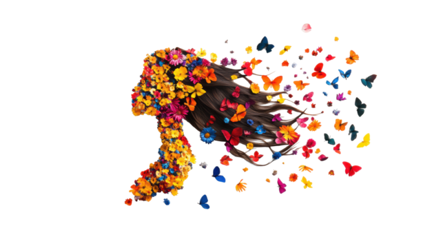 Female head with floral and butterfly hair