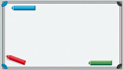 A blank, rectangular whiteboard with colorful markers placed on it, ready for notes