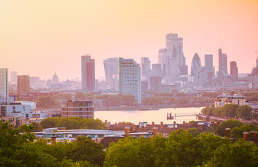 Fototapeta na wymiar City of London at sunset, view from the Greenwich hill.