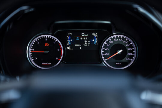 Digital dashboard in the car,Digital dashboard measures car speed in close-up,Car speed meter close-up with the speed driving electric car digital display screen. car digital speed meter dashboard.