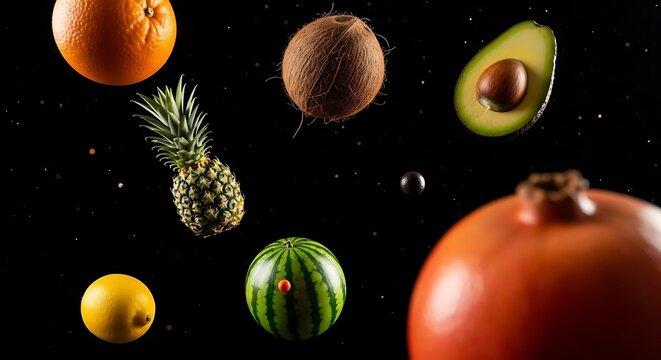 A surreal explosion of colorful and healthy tropical fruits levitating in the dark abyss of outer space
