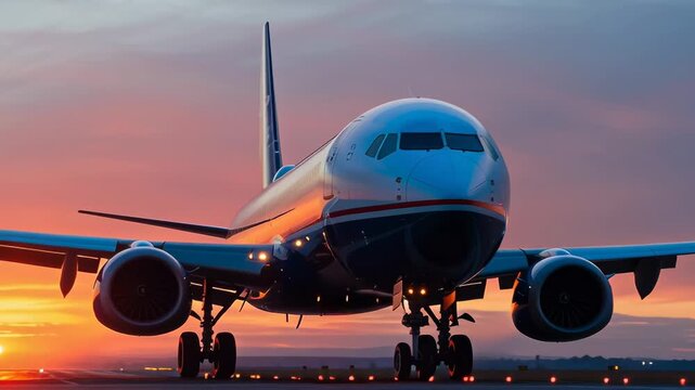 Airplane taking off against a colorful sunset backdrop.