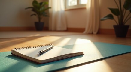 Notebook and pen on a yoga mat in a room