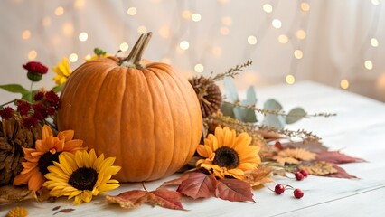Autumn pumpkin with sunflower dry leaves and flowers on blurred bokeh lights white background with