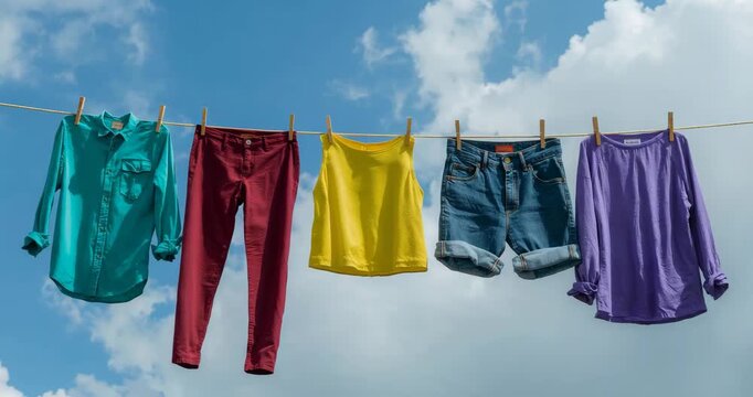 Colorful clothes hanging on a clothesline against a beautiful cloudy sky
