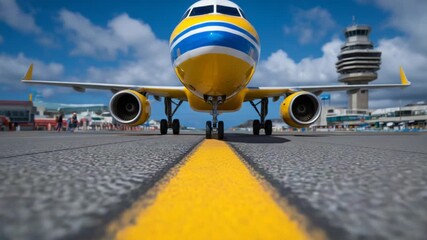 High-angle shot of a commercial airplane taxiing on the runway with visible jet engines, ground crew, and airport tower, set against a backdrop of soft clouds. - Powered by Adobe